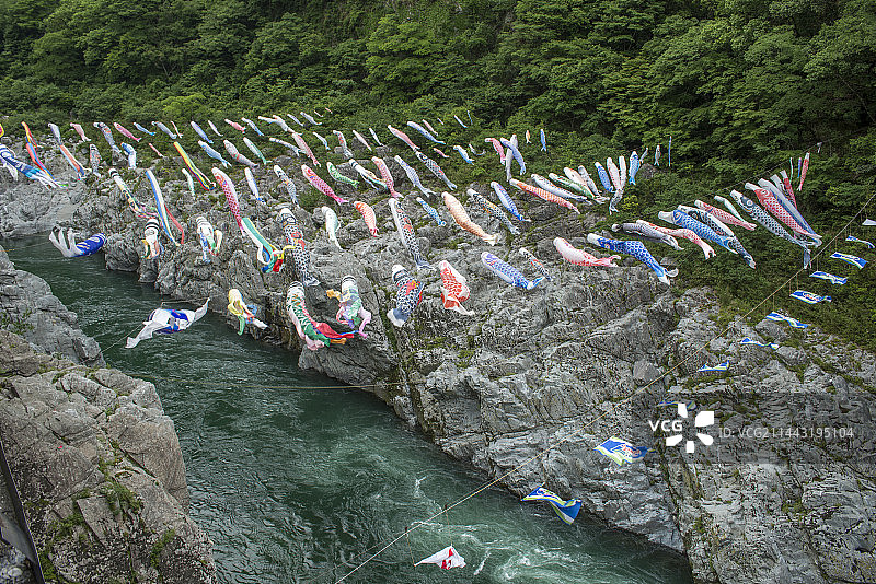 鲤鱼旗与大步危峡谷，日本德岛县三好市图片素材