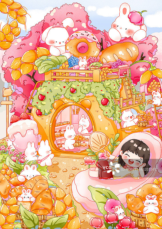 面包甜品店铺卡通大场景插画图片素材