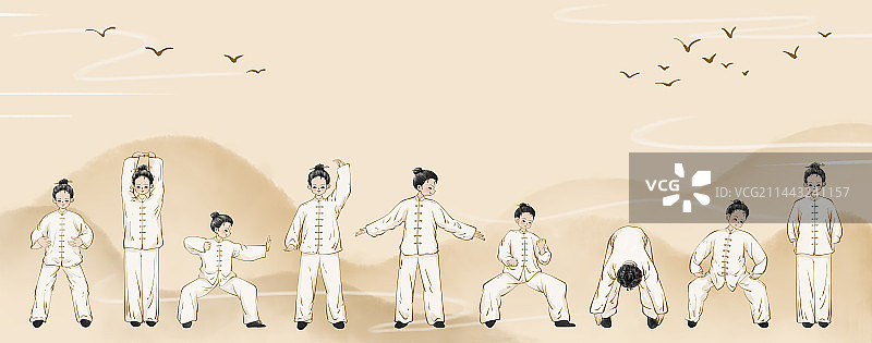 八段锦养生操招式图解卡通手绘国风插画图片素材