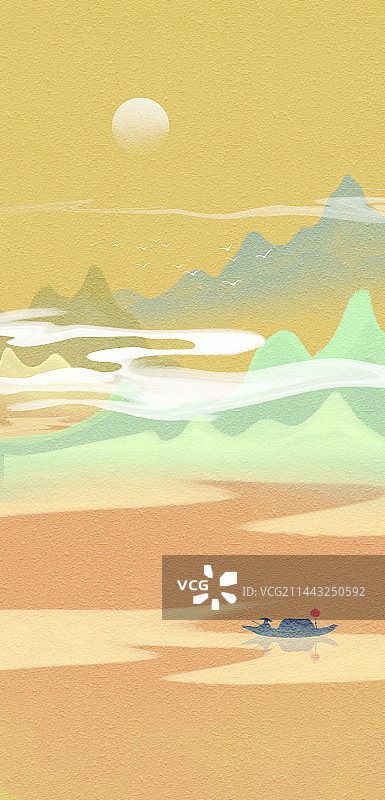 泛舟江上敦煌色系新中式风格水墨山水风景插画图片素材