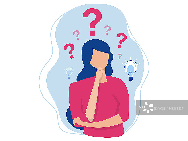 思考问题，头顶问号和灯泡的女人图片素材