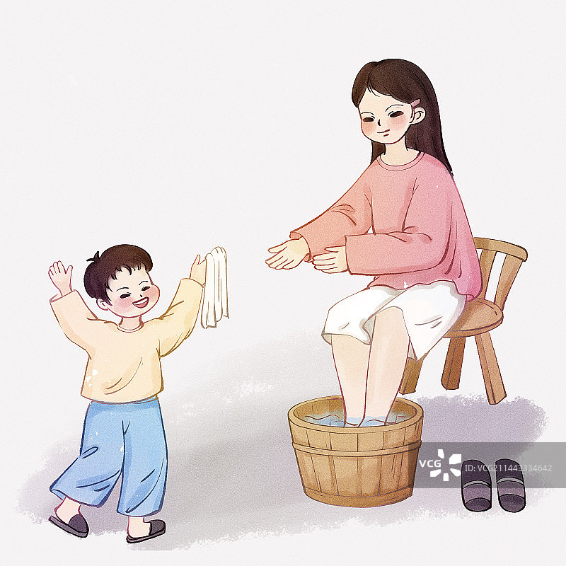 亲子养生泡脚温馨手绘插画图片素材