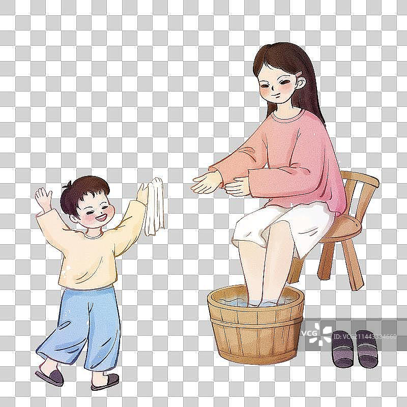 亲子养生泡脚温馨手绘插画图片素材