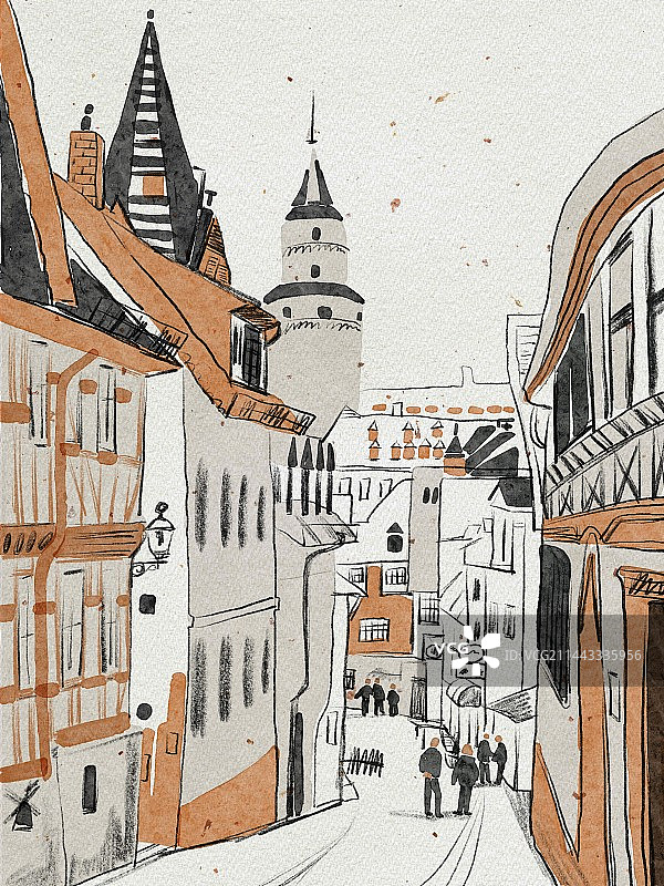 城市建筑中的人们肌理感清新简约风格插画图片素材