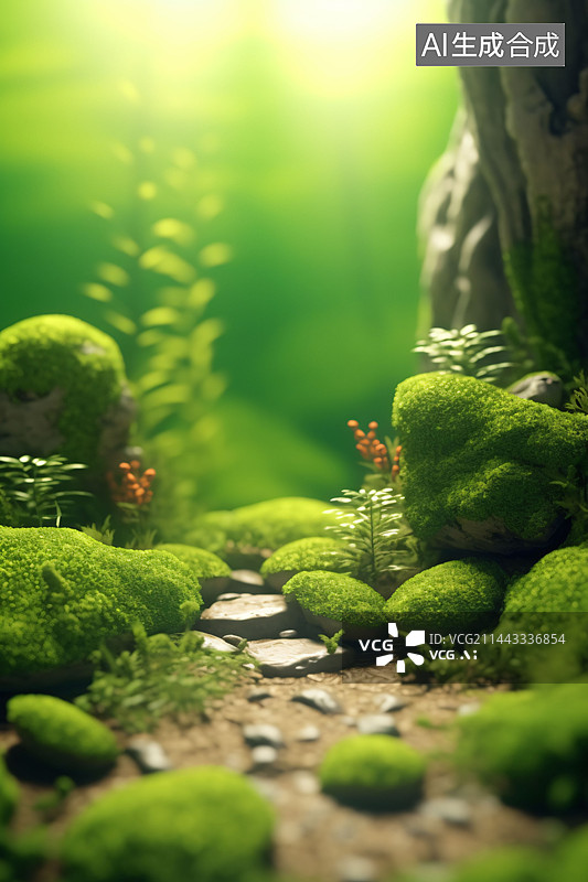 【AI数字艺术】户外森林的岩石和绿色植被移轴摄影图片素材