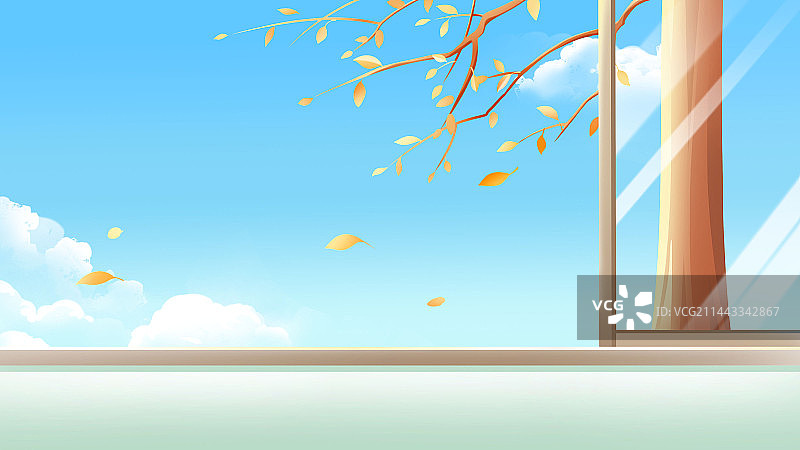 窗外蓝天白云，清新卡通秋季背景图片素材