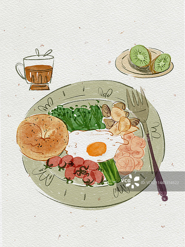 早午餐 贝果 咖啡 水果 美食打卡手绘插画图片素材