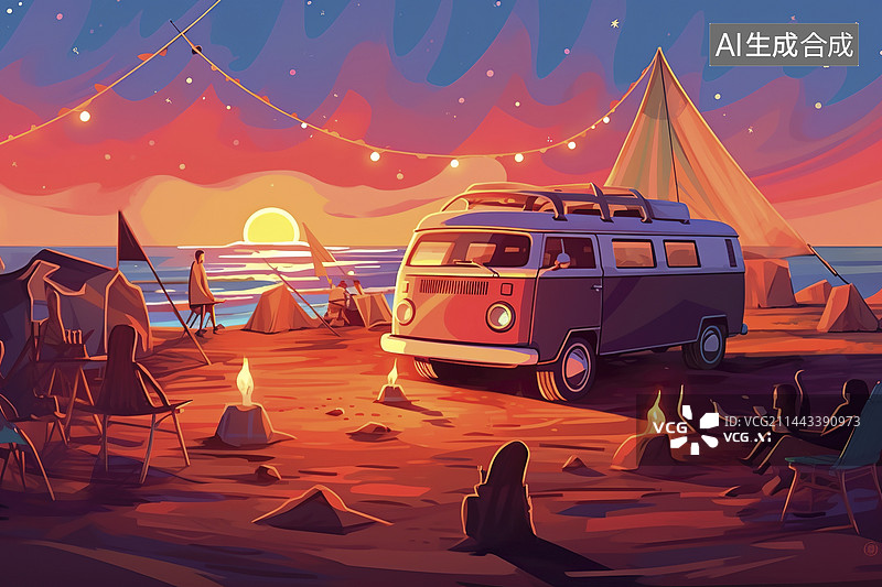 【AI数字艺术】海边的露营集合图片素材