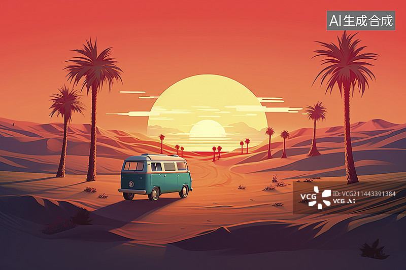 【AI数字艺术】面包车在沙漠露营图片素材