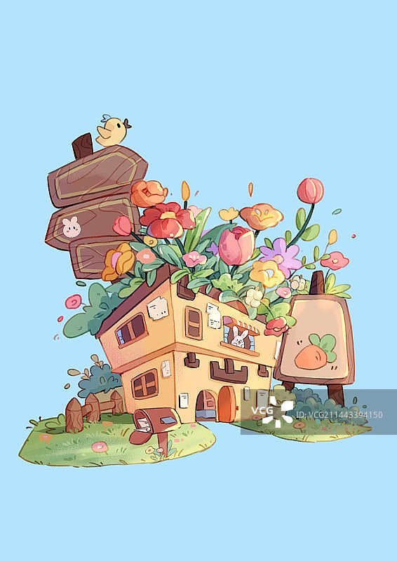 兔子小屋植物开花治愈花卉图片素材