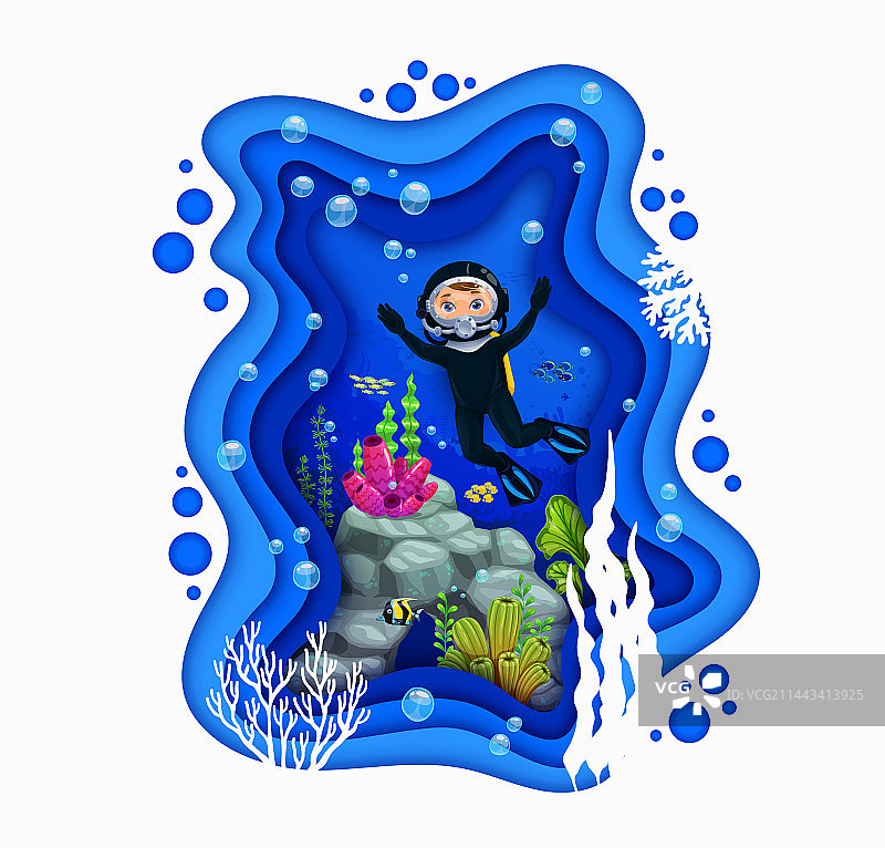 卡通潜水员水下剪纸海洋景观图片素材
