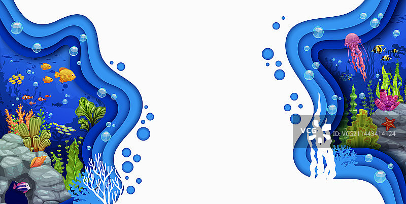 水下剪纸风格的卡通banner或海报图片素材