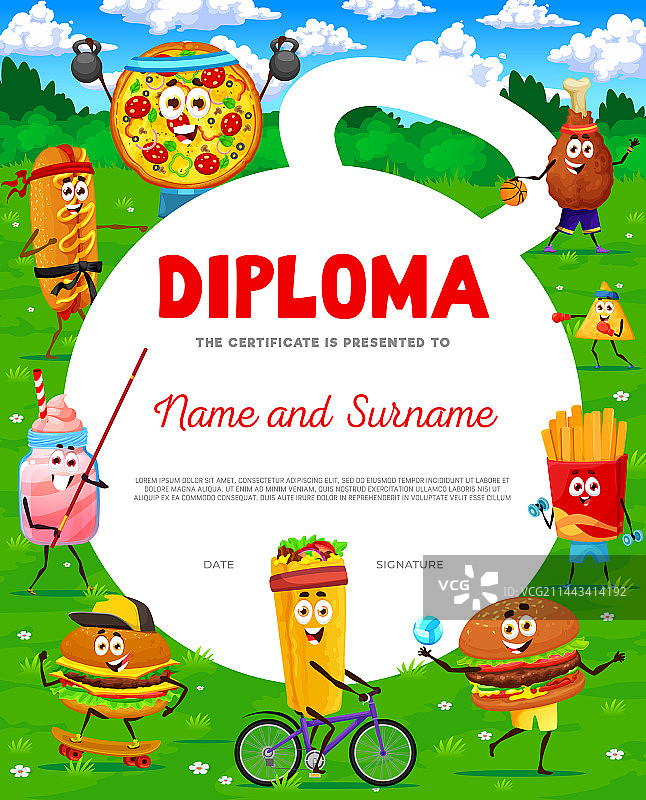 儿童快餐角色运动毕业证书图片素材