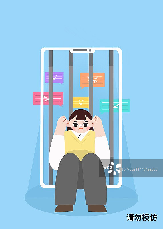 网络暴力，制造舆论，散布隐私，手机前悲伤的女生图片素材