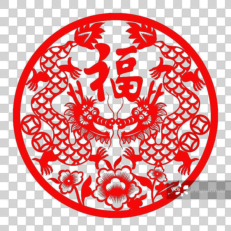 龙年春节窗花剪纸插画图片素材