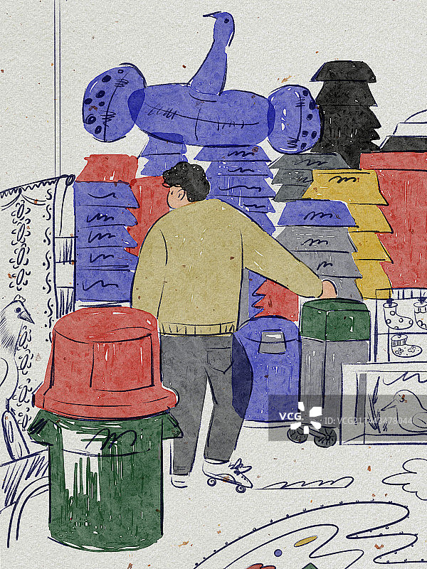 一个人逛街玩具店肌理风格手绘插画图片素材