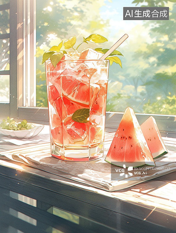 【AI数字艺术】夏天窗边的窗台上一大杯冰饮料和一盘西瓜，夏日饮料冰镇柠檬饮料图片素材
