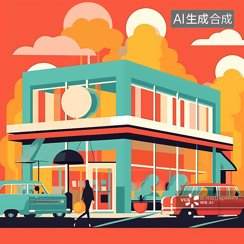 【AI数字艺术】夏季城市街角店铺咖啡馆图片素材