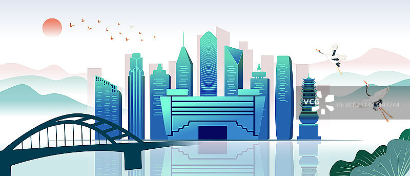 中国甘肃兰州市城市天际线国潮清新插画图片素材