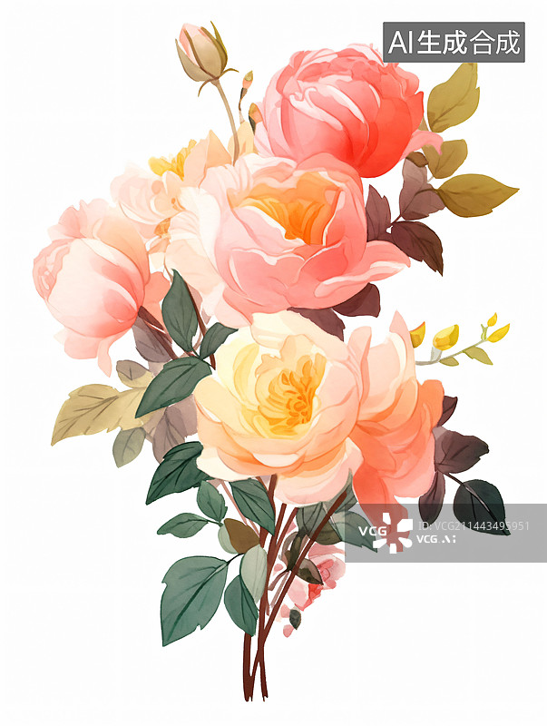 【AI数字艺术】白色背景下玫瑰的水彩画图片素材