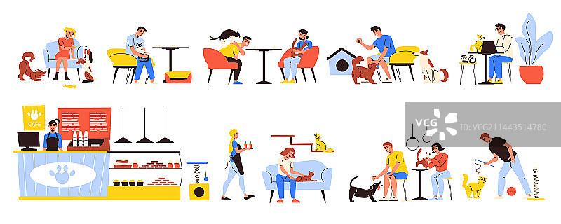 宠物咖啡馆扁平风格素材图片素材