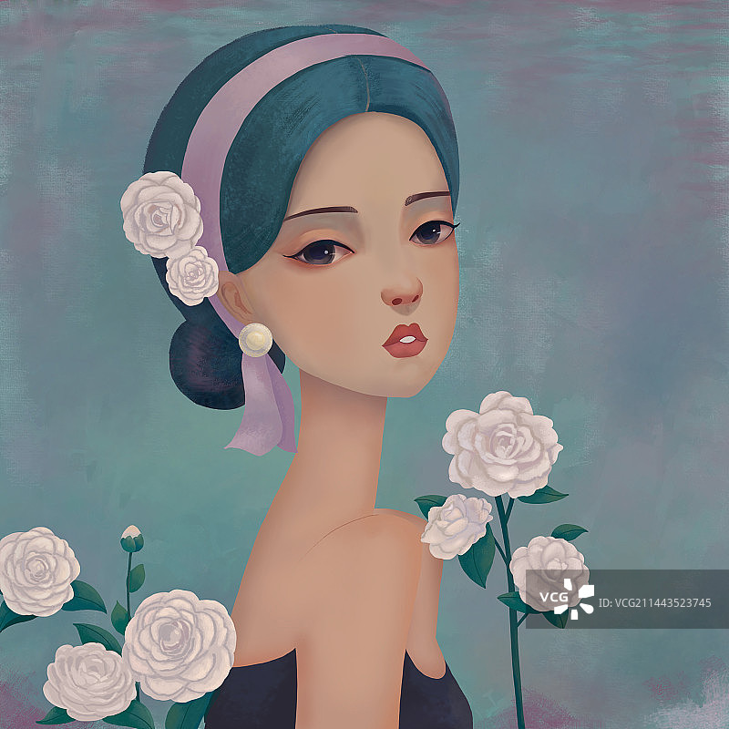 头戴茶花的优雅女子图片素材