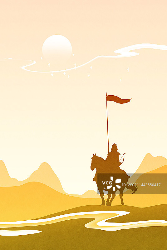 手举旗帜骑着战马在边塞巡逻的古代将军人物风景插画图片素材