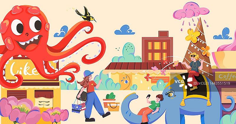 城市街道商店女孩购物打卡拍照可爱有趣插画图片素材