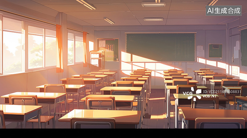 【AI数字艺术】温暖阳光下学校教室动漫背景图片素材