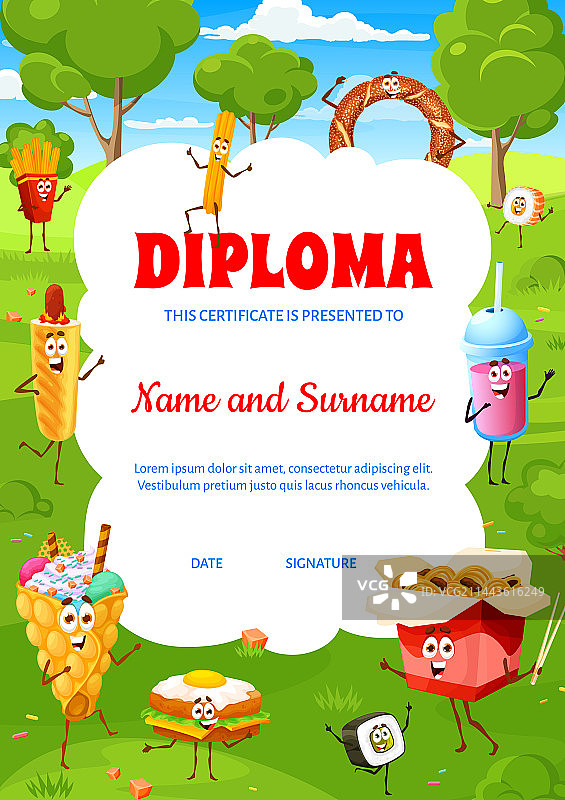 儿童毕业证书卡通食物甜点角色图片素材