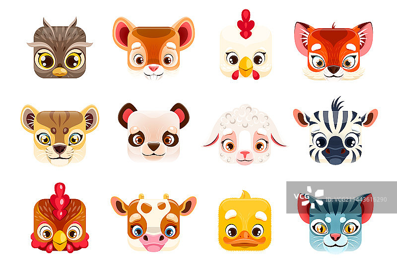 可爱动物面部卡通动物园角色图片素材