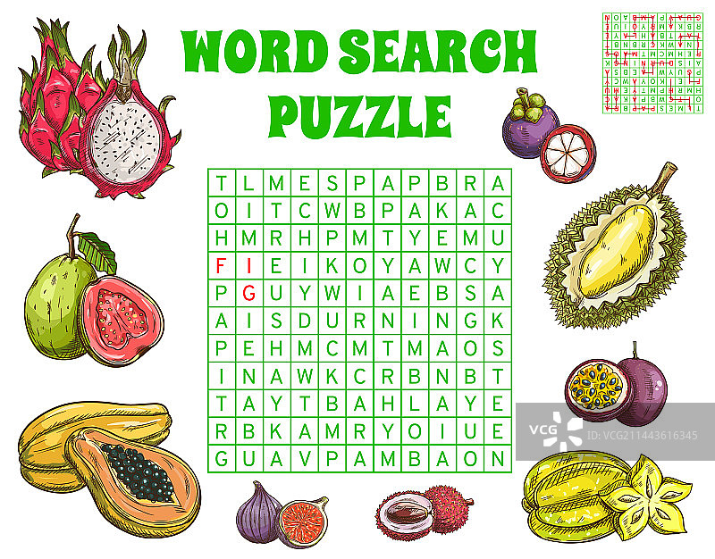 热带水果单词搜索谜题工作表图片素材