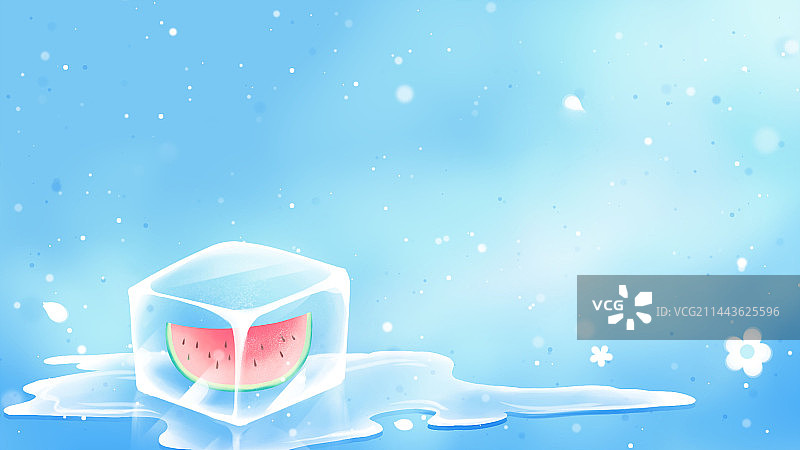 冰块中的西瓜，唯美清新蓝色冰凉夏季插画背景图片素材