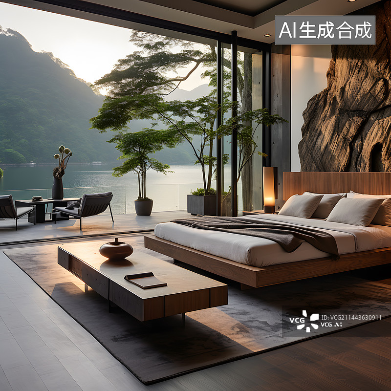 【AI数字艺术】湖景酒店房间图片素材