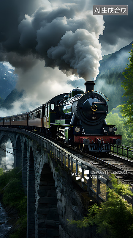 【AI数字艺术】一辆复古的火车奔驰在铁轨上图片素材