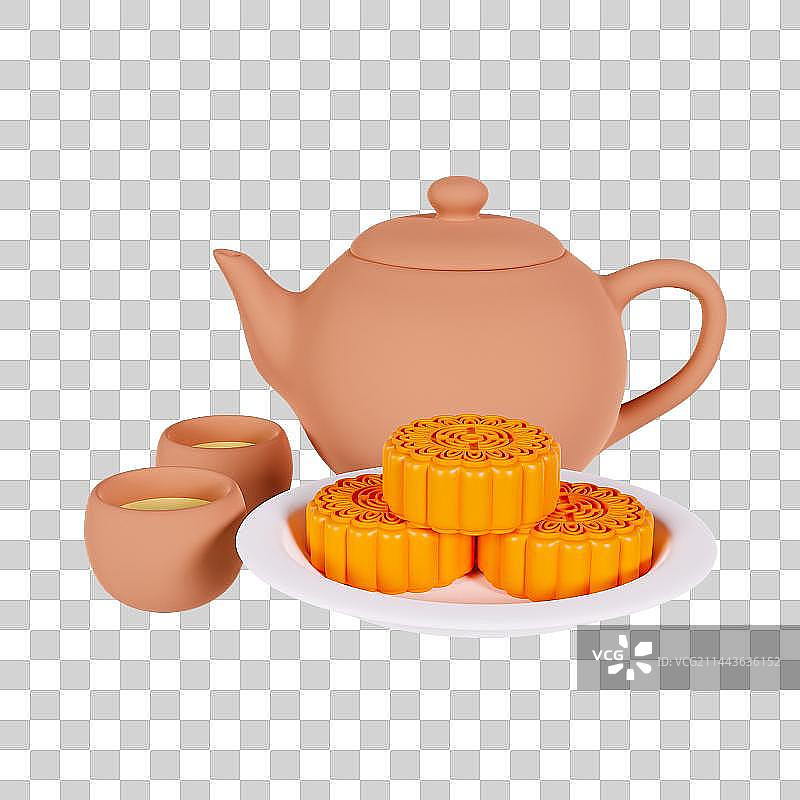 3D立体中秋节茶文化吃月饼元素图片素材