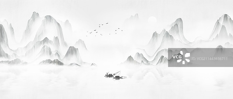 手绘抽象中国风意境水墨山水风景画图片素材