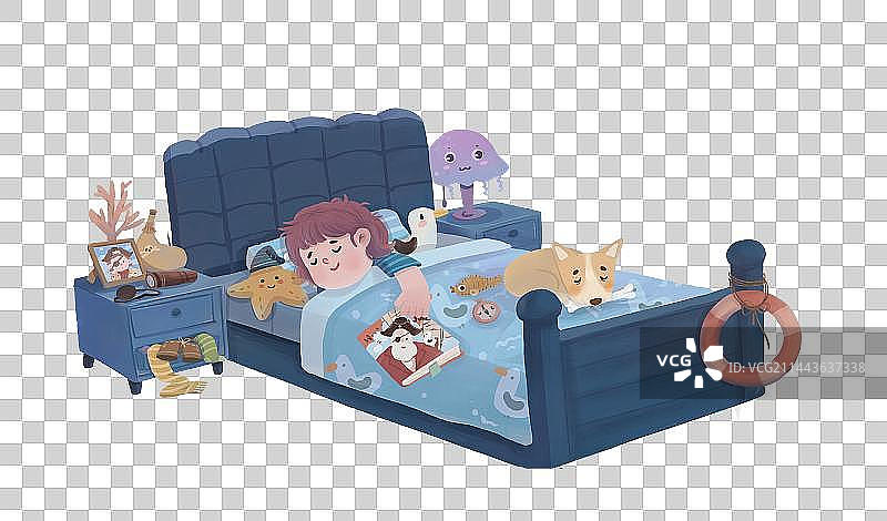 手绘睡眠日儿童与狗狗睡觉床铺免抠元素图片素材