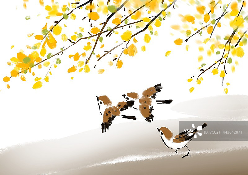 迎春花小鸟水墨插画自然动物主题图片素材