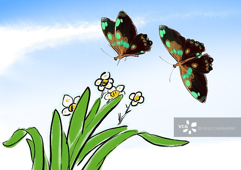 水仙花蝴蝶水墨插画自然动物主题图片素材