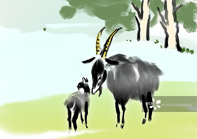 山羊水墨插画自然动物主题图片素材