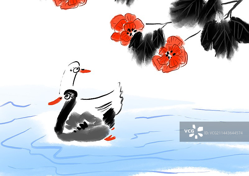 鸭子池塘游泳水墨插画自然动物主题图片素材
