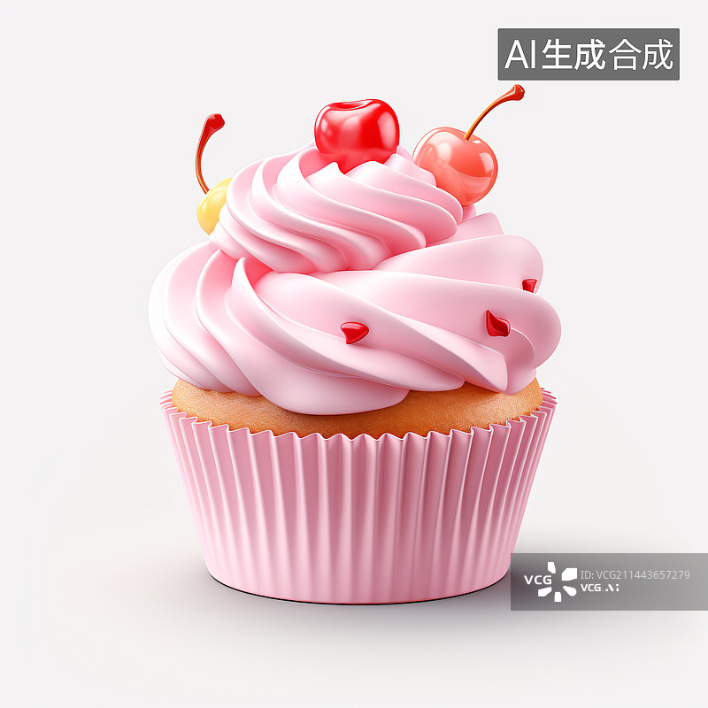 【AI数字艺术】纸杯蛋糕，粉色奶油漂浮在白色背景上，3d渲染图片素材