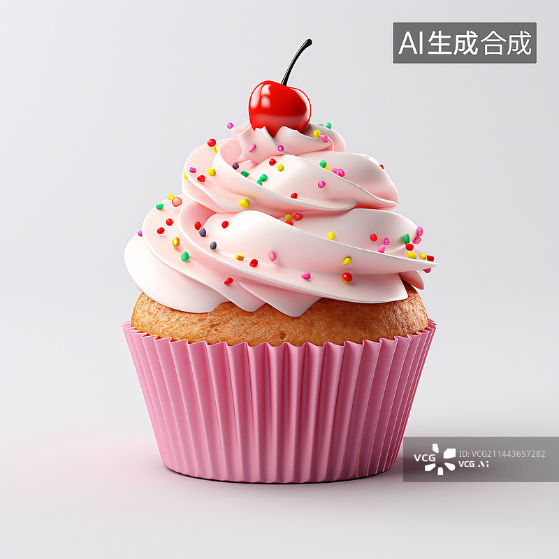 【AI数字艺术】纸杯蛋糕，粉色奶油漂浮在白色背景上，3d渲染图片素材