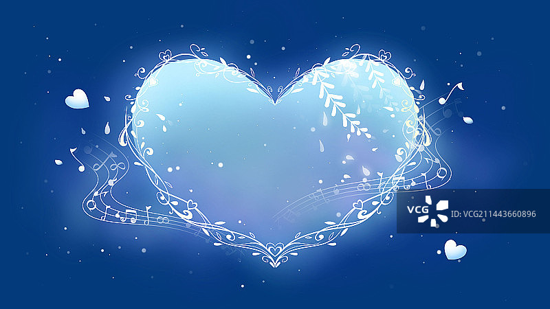 花纹与音符形成的爱心，深蓝色唯美浪漫七夕情人节插画图片素材