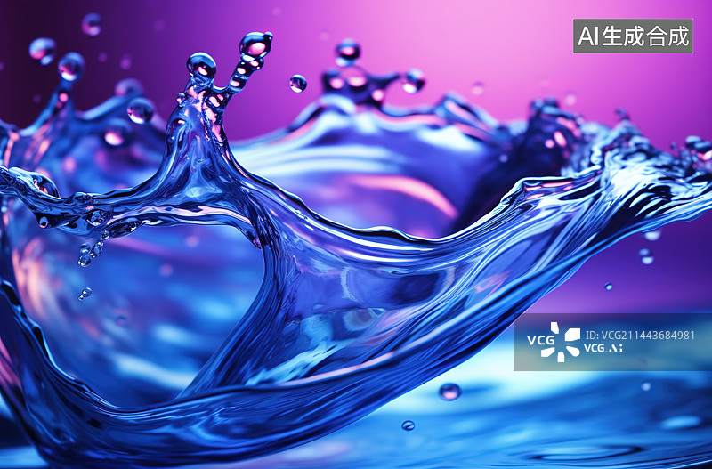 【AI数字艺术】蓝色背景下溅水的特写镜头图片素材