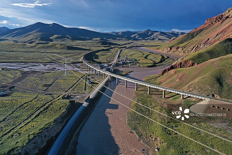 航拍川藏北线唐古拉山镇青藏铁路与公路图片素材