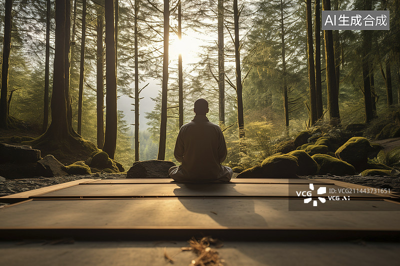 【AI数字艺术】一个人在森林里冥想图片素材