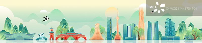 国风成都城市地标建筑彩色矢量插画图片素材