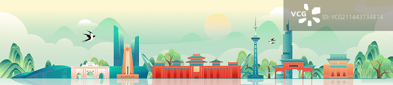 国风南京城市地标建筑矢量插画海报图片素材